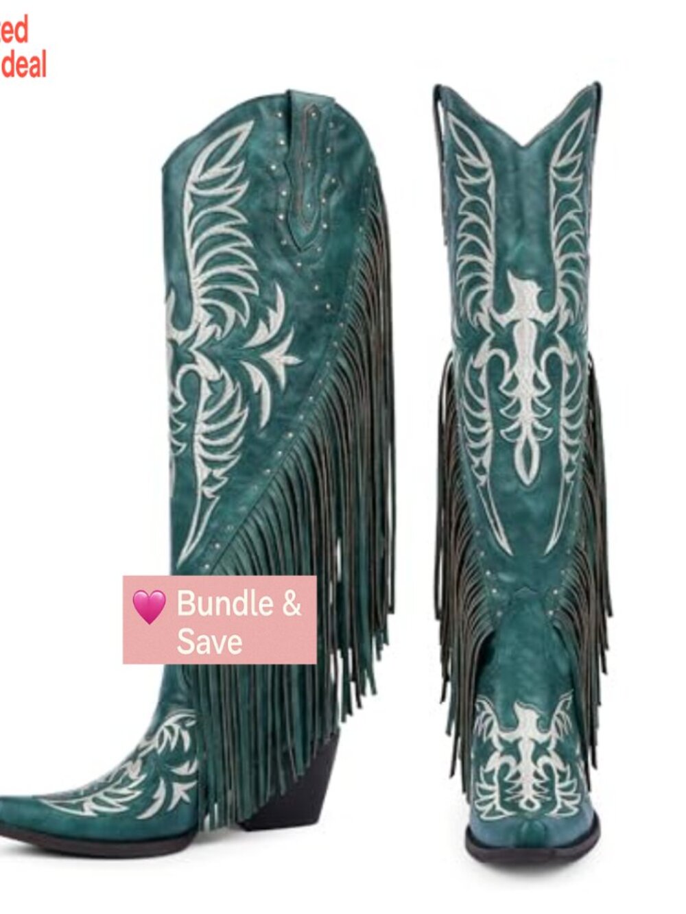 Fringed Cowgirl Boots Embroidered Studded Pointed Toe Chunky Heel Western Knee - Picture 5 of 7